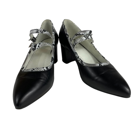 Calla Reptile Snakeskin Soft Leather Black White Point Toe Maryjane Block Heels - Picture 2 of 15